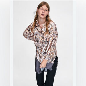 Zara Printed Tunic Long Sleeves High Low Hem Brown Cream Blouse paisley print